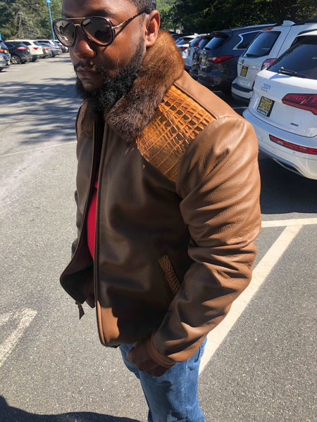 Men's Custom Made Tan Leather Jacket with Alligator Trim and Mink Collar