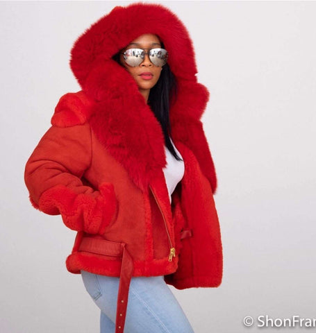 Women's Custom Made Red Suede Sheepskin with Fox fur hood