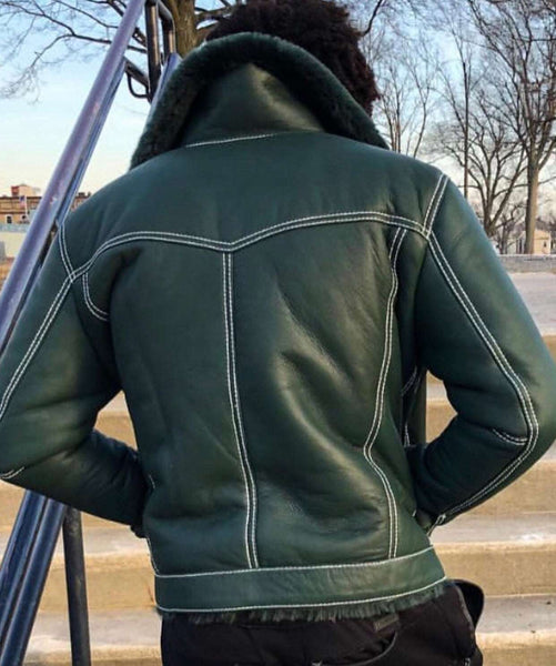 Men’s Custom Made Green Shearling Denim Style Jacket