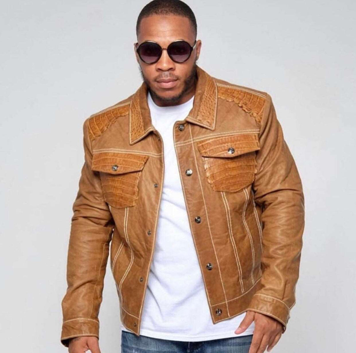 Lambskin Bomber Jacket with Alligator Trimming Shoulders, Pocket