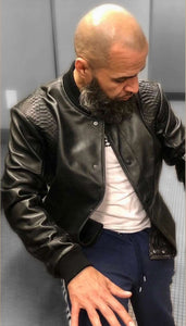 Men's Black Custom Made Lambskin Leather Jacket with Python Trim