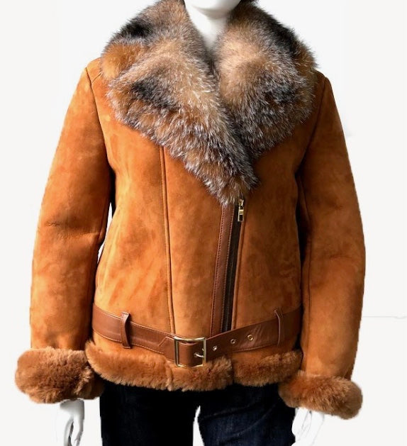 Women’s biker sheepskin jacket with silver fox fur trim