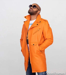 Men's Custom Made Orange Leather Moto Jacket Style Trench