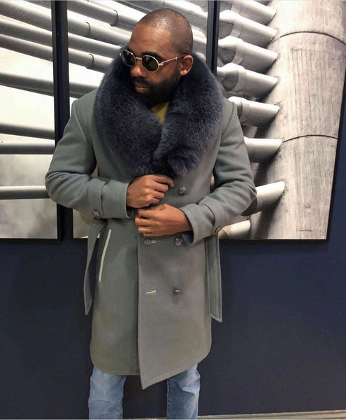 Men's Custom Made Grey Cashmere Trench with Grey Fox Fur Collar