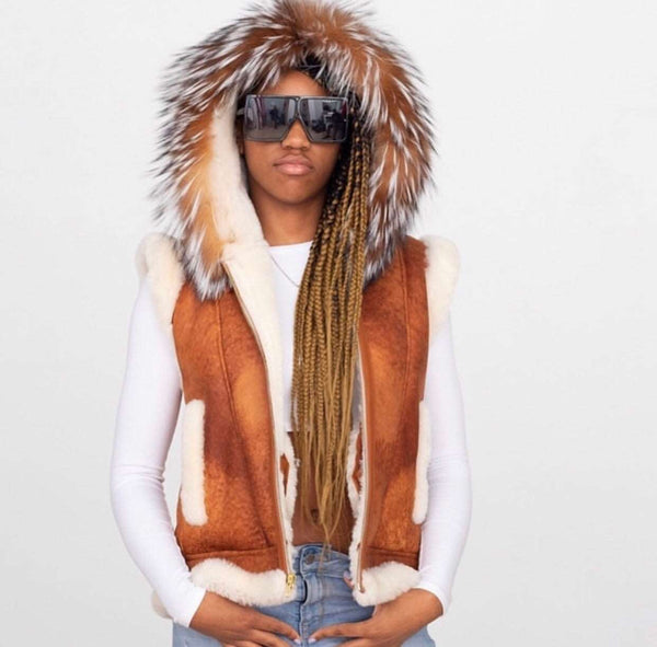 Women's Custom Made Shearling Vest with Hood