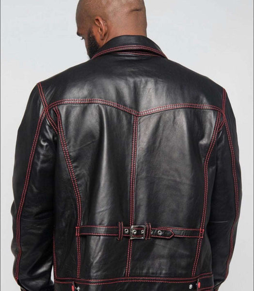 Men's Custom Made Black Lambskin Leather Trucker Style Jacket