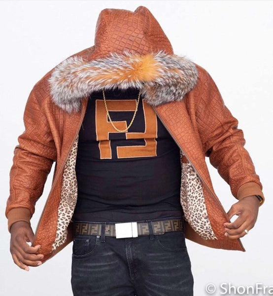 Men's Custom Made Black Leather Embossed Alligator Jacket with Fox Fur Hood